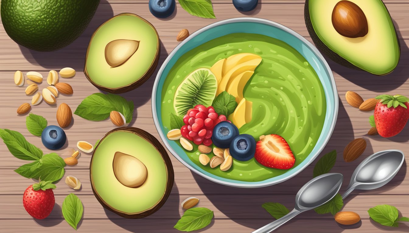 A vibrant avocado smoothie bowl surrounded by fresh fruits and nuts on a wooden table