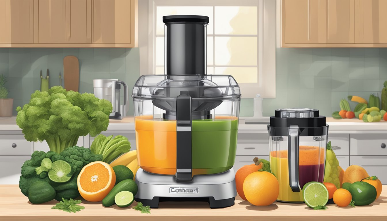 A kitchen counter with a Cuisinart Hurricane Compact Juicing Blender surrounded by various fruits, vegetables, and recipe ingredients