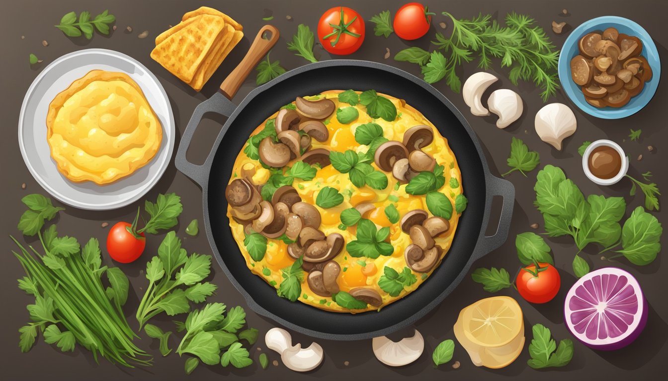 A sizzling skillet holds a golden omelette filled with plump grilled mushrooms, surrounded by fresh herbs and colorful vegetables