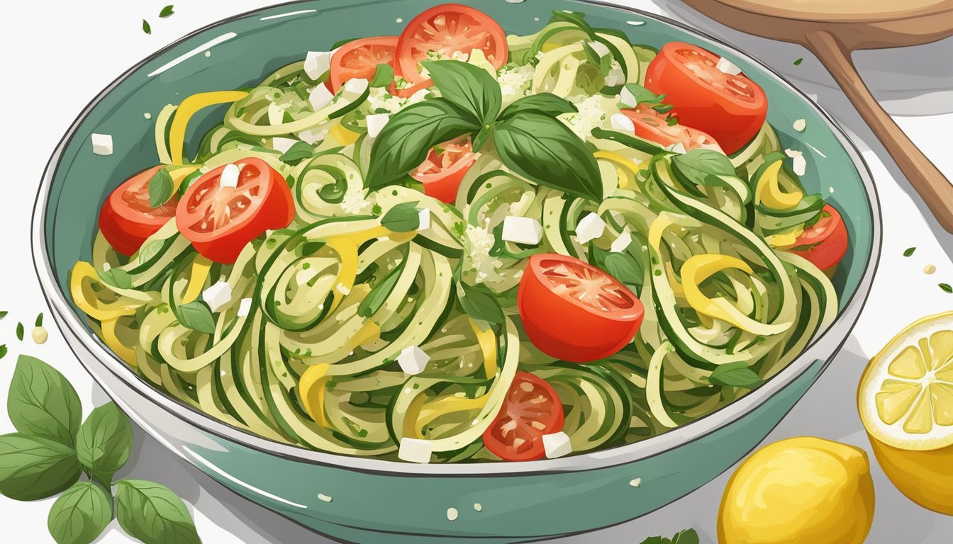 A bowl of zucchini noodles topped with lemon sauce, surrounded by fresh ingredients like tomatoes, herbs, and a sprinkle of parmesan cheese