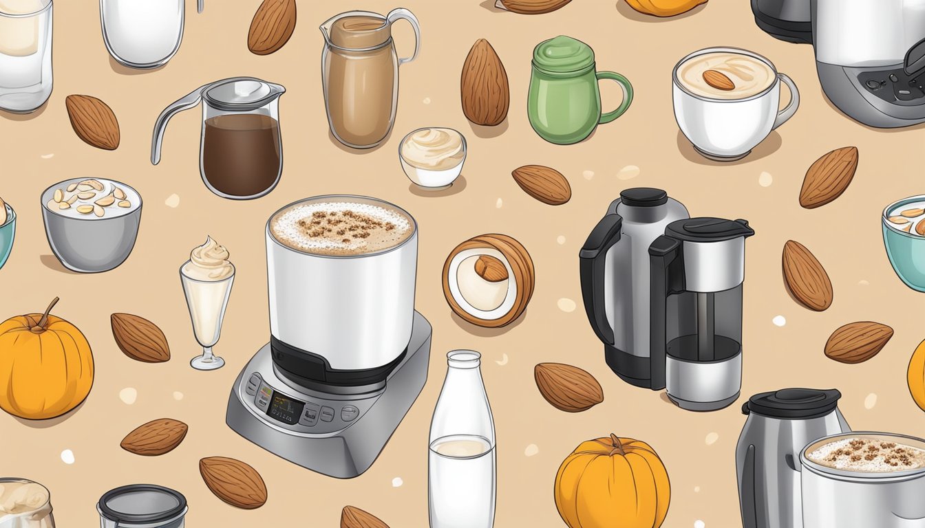 A glass of almond milk latte surrounded by ingredients and an Instant Pot Ace Plus blender