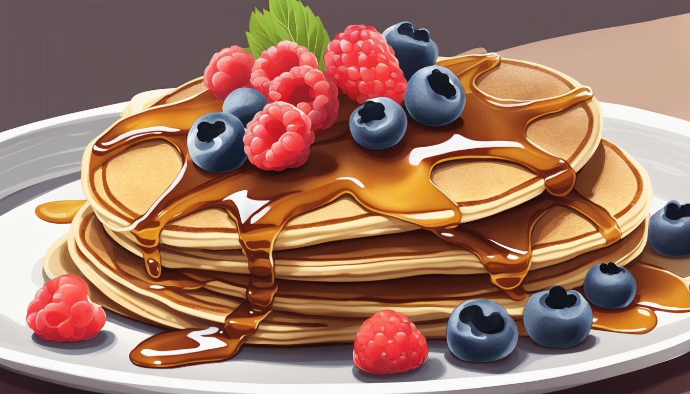 A stack of golden brown pancakes made with cashew flour, topped with fresh berries and drizzled with maple syrup, sitting on a white plate