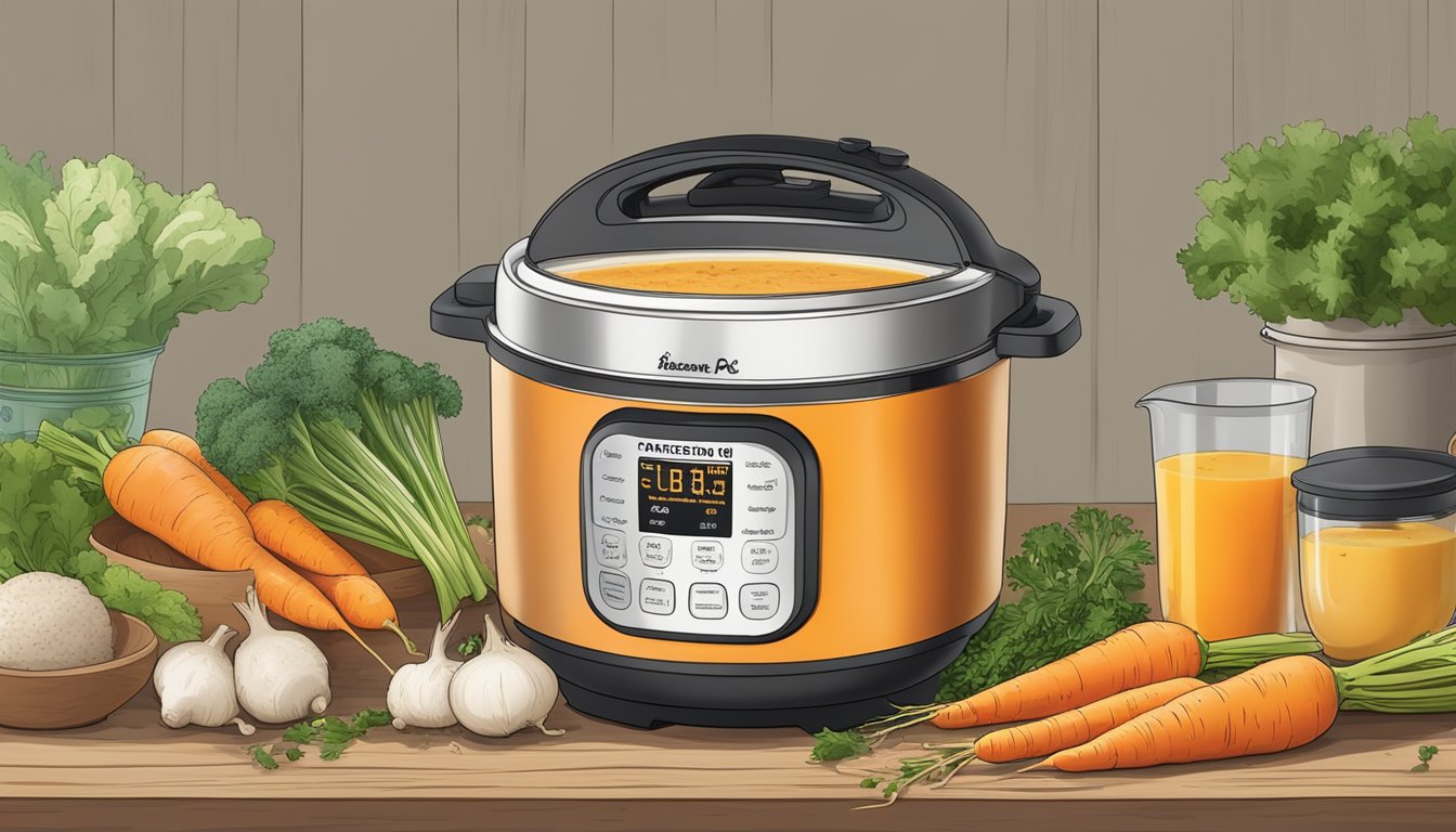 A steaming bowl of carrot ginger soup sits on a rustic wooden table, surrounded by fresh ingredients and the Instant Pot Ace Plus Blender