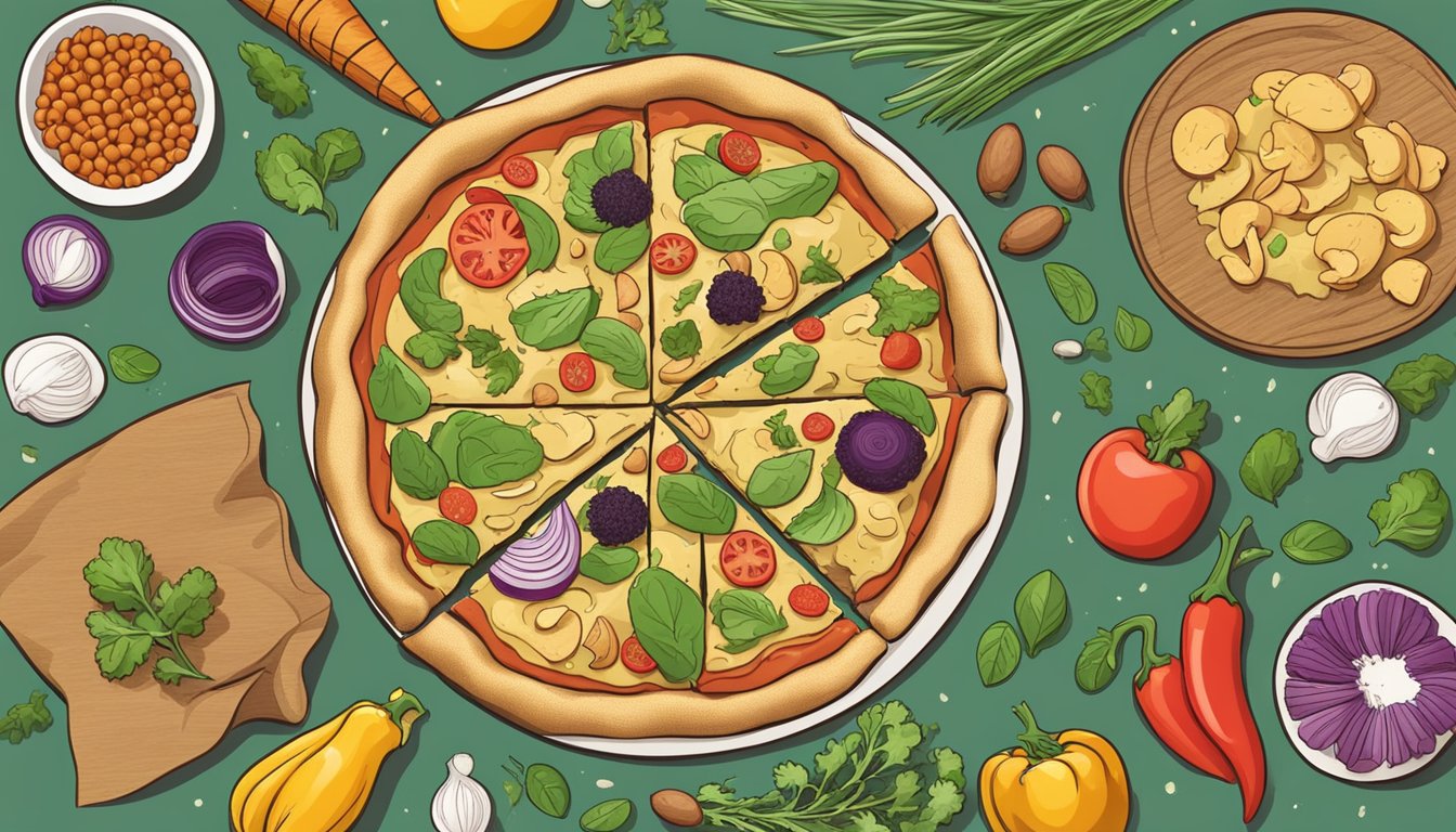 A pizza crust made from cashew flour surrounded by various meal prep ingredients such as vegetables, herbs, and spices