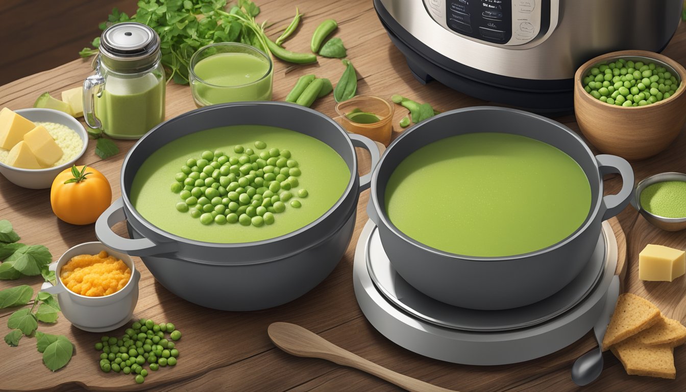 A steaming bowl of green pea soup sits on a rustic wooden table, surrounded by ingredients and an Instant Pot Ace Plus blender