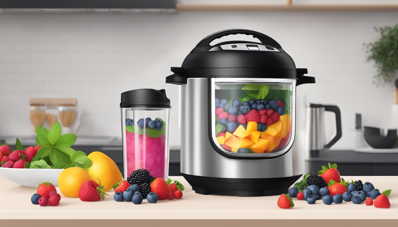 A colorful assortment of fresh berries being blended into a thick, vibrant compote inside the Instant Pot Ace Plus blender