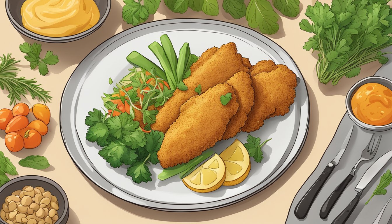 A plate of golden brown chicken tenders coated in cashew flour, surrounded by fresh herbs and colorful vegetables