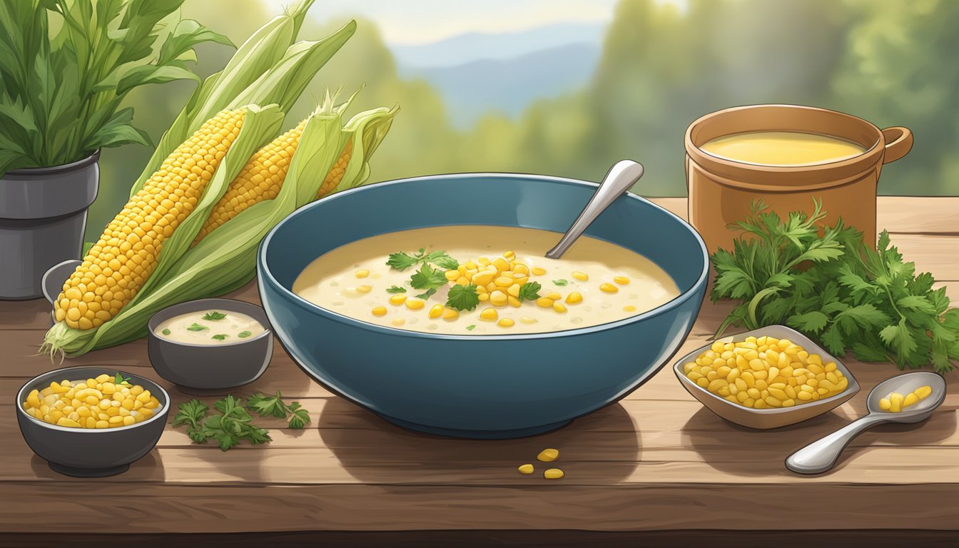 A steaming bowl of corn chowder sits on a rustic wooden table, surrounded by fresh corn, herbs, and a sleek Instant Pot Ace Plus blender