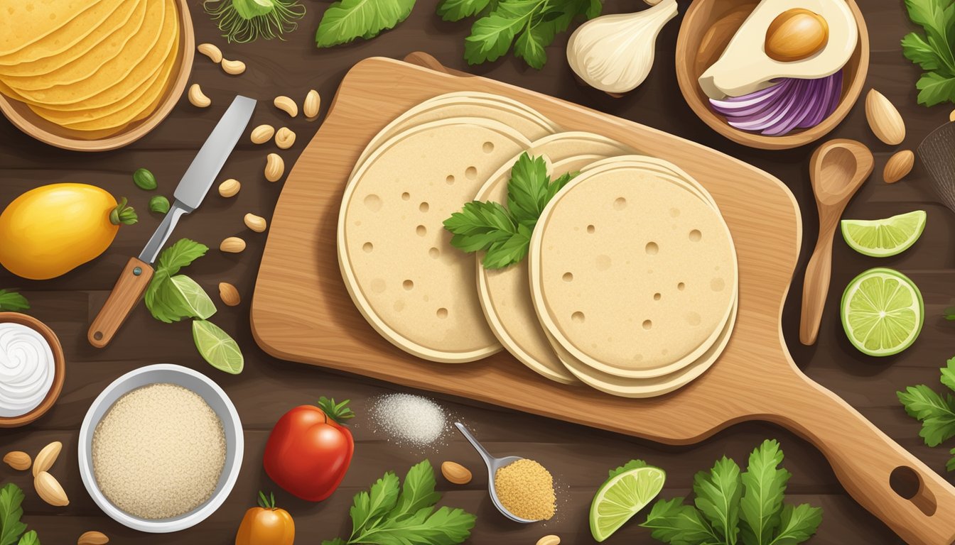 A wooden cutting board with cashew flour tortillas, surrounded by various ingredients and cooking utensils