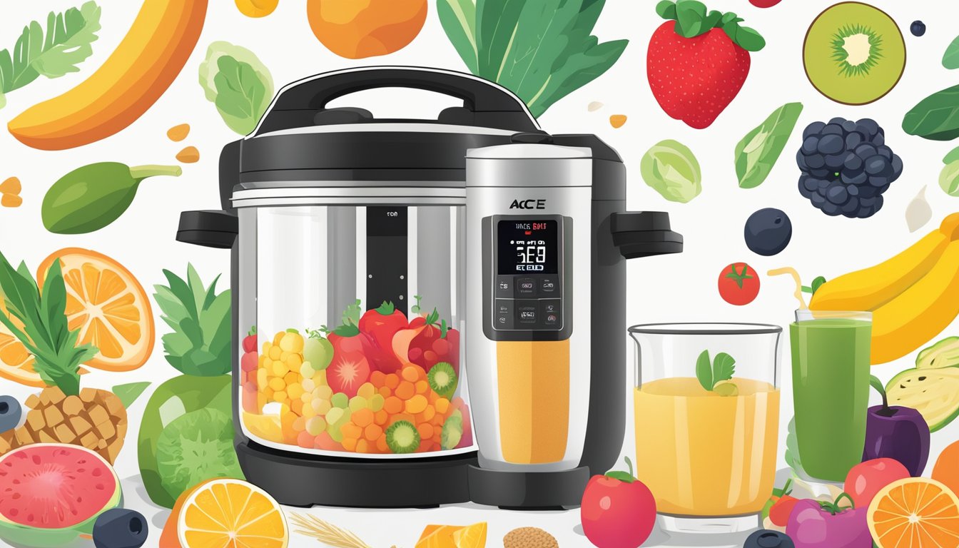 A colorful array of fresh fruits, vegetables, and grains surround the Instant Pot Ace Plus Blender. Steam rises from a bowl of oatmeal while a smoothie is being poured into a glass