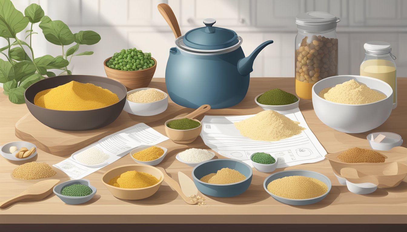 A kitchen counter with various ingredients and cooking utensils, including bags of cashew flour, surrounded by recipe cards and meal prep containers