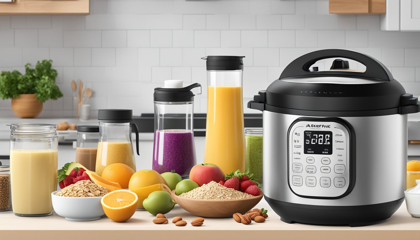 A kitchen counter with an Instant Pot Ace Plus Blender surrounded by various breakfast ingredients such as fruits, oats, yogurt, and nuts