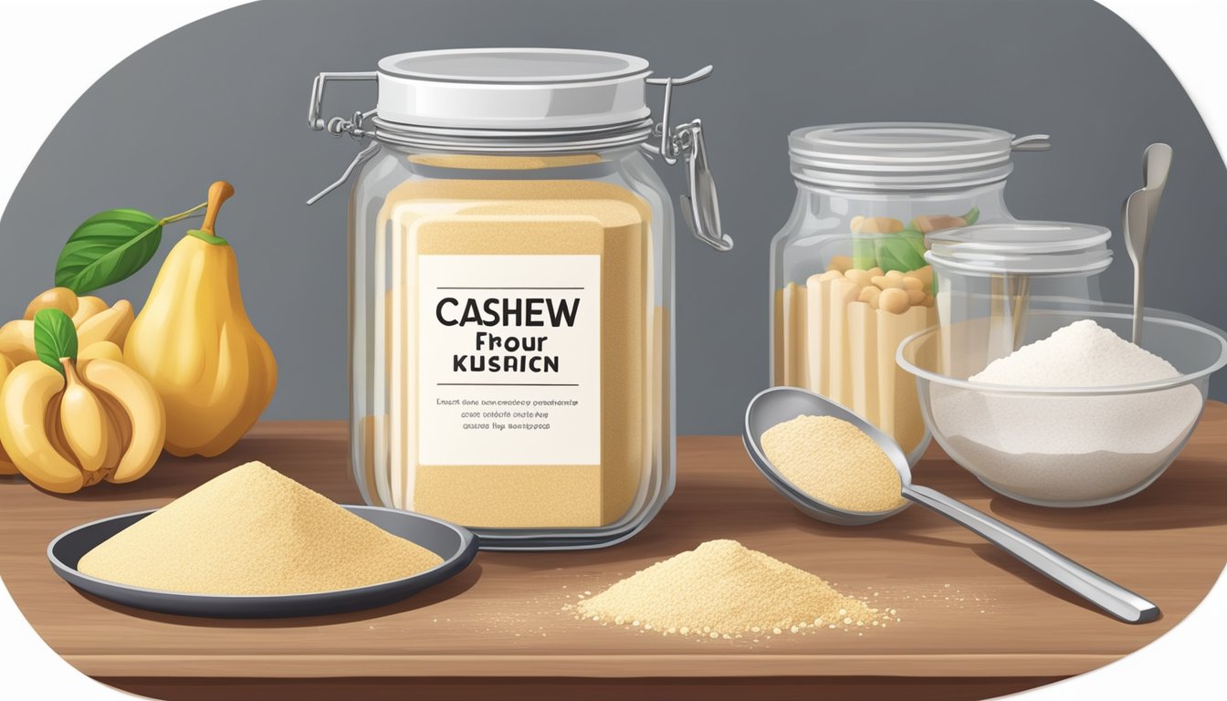 A glass jar filled with cashew flour sits on a kitchen counter next to a stack of recipe books and a set of measuring spoons