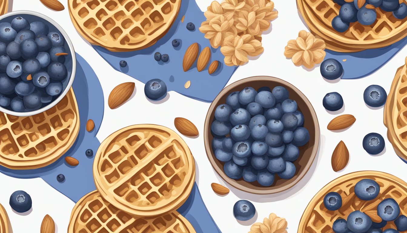 A waffle maker surrounded by fresh blueberries and almonds, with a stack of golden, crispy waffles ready to be served