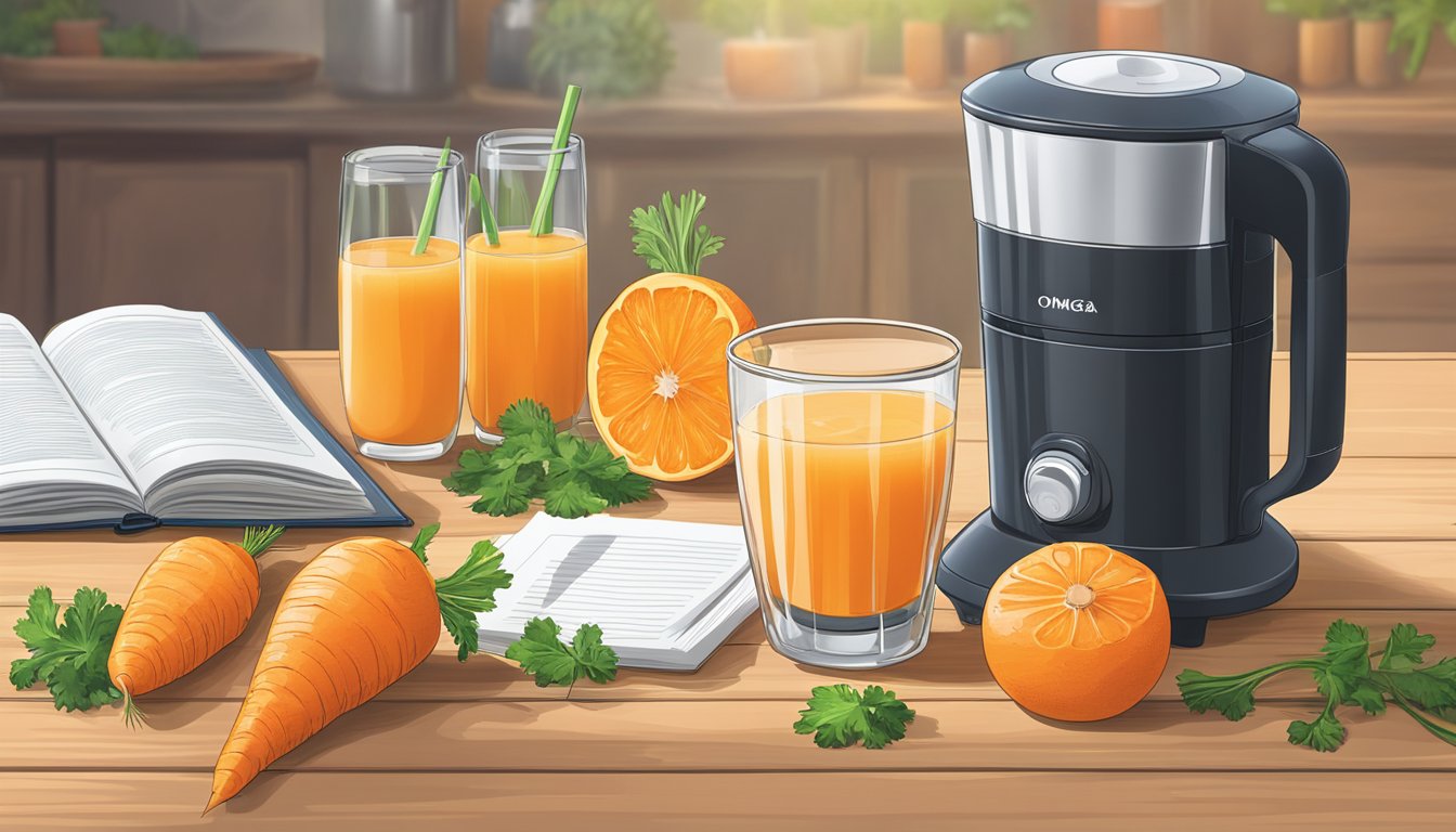 A glass of vibrant carrot orange ginger juice sits on a wooden table next to a stack of recipe books and an omega juicer