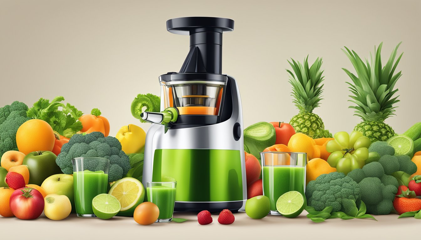 A glass of Green Morning Glow Juice surrounded by fresh fruits and vegetables, with an Omega juicer in the background