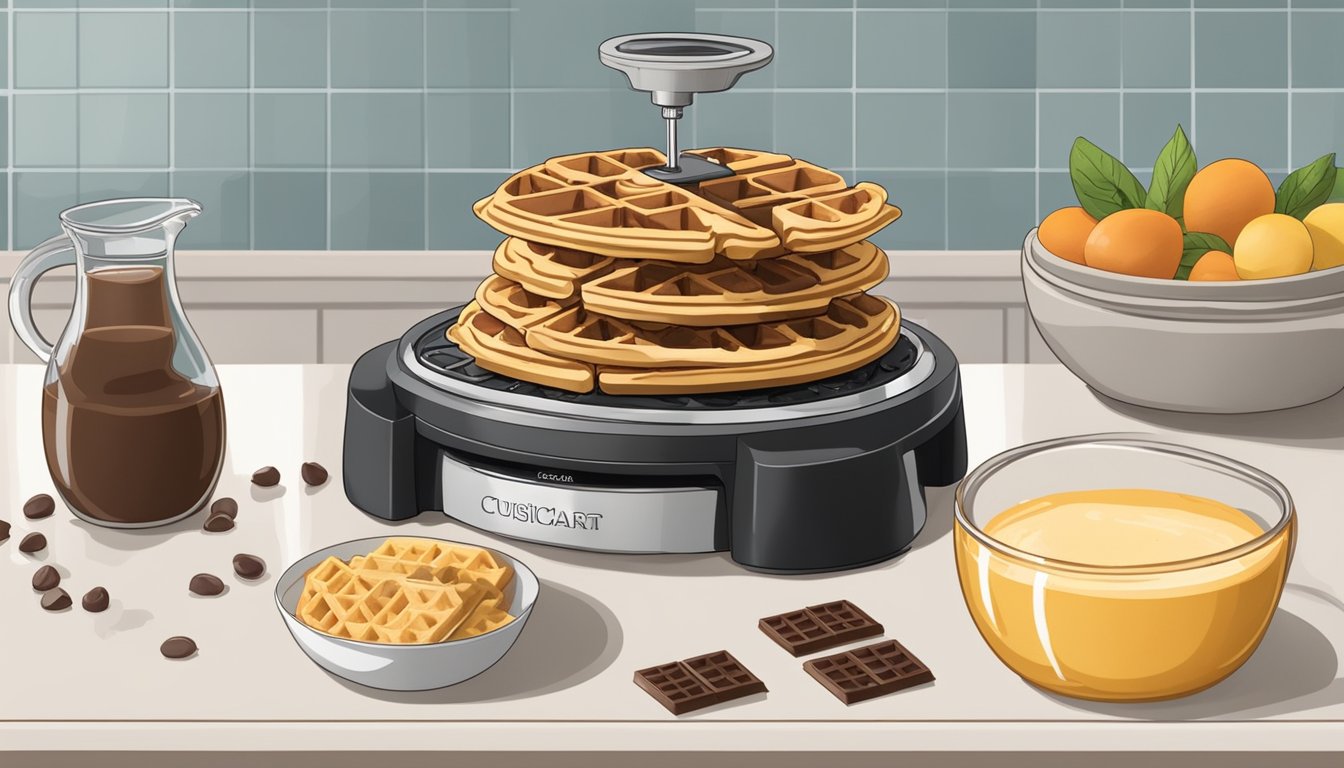 A kitchen counter with a cuisinart vertical waffle maker surrounded by ingredients like chocolate chips, batter, and syrup