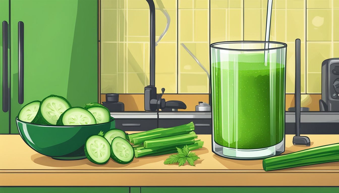 A glass of green detox juice surrounded by celery and cucumber on a kitchen counter