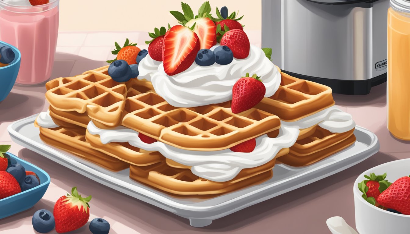 A stack of strawberry shortcake waffles topped with fresh berries and whipped cream, surrounded by a cuisinart vertical waffle maker and ingredients