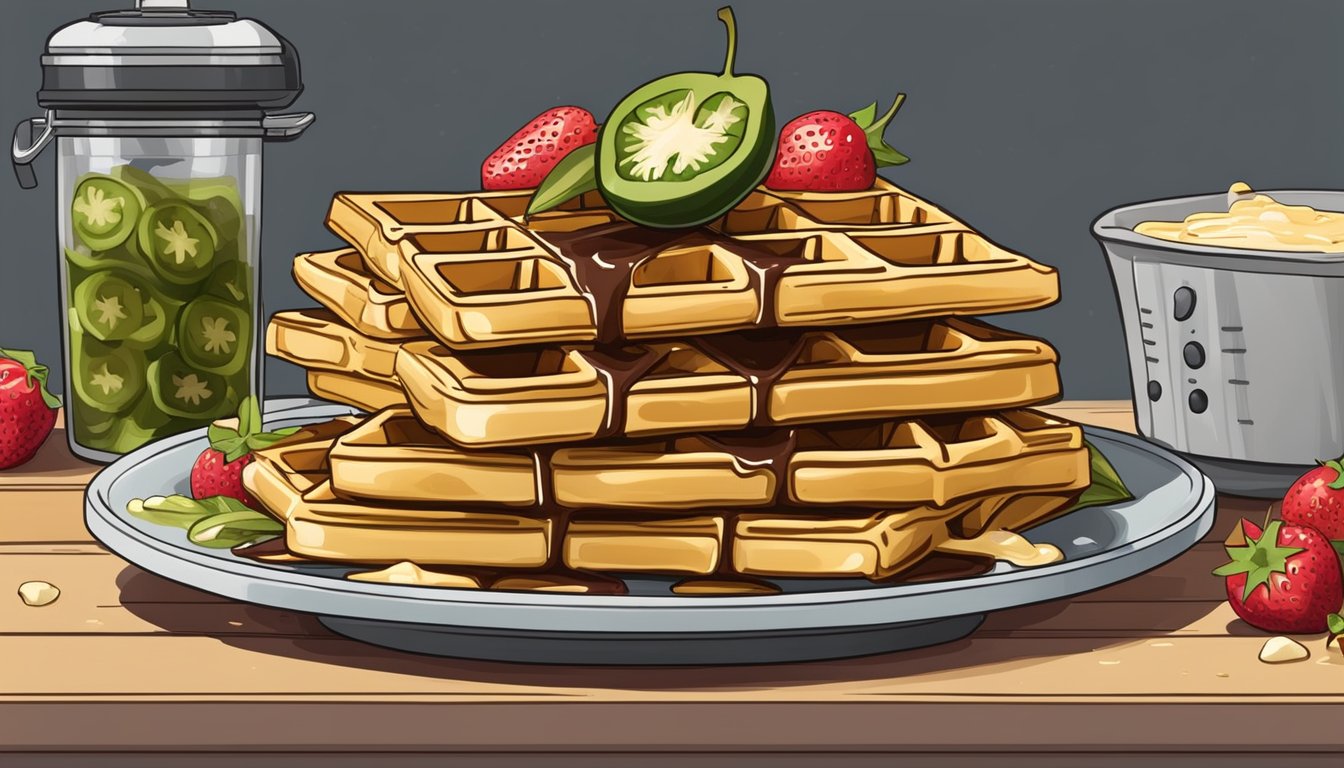 A stack of golden, crispy waffles topped with jalapeños and drizzled with syrup, surrounded by fresh fruit and a Cuisinart vertical waffle maker