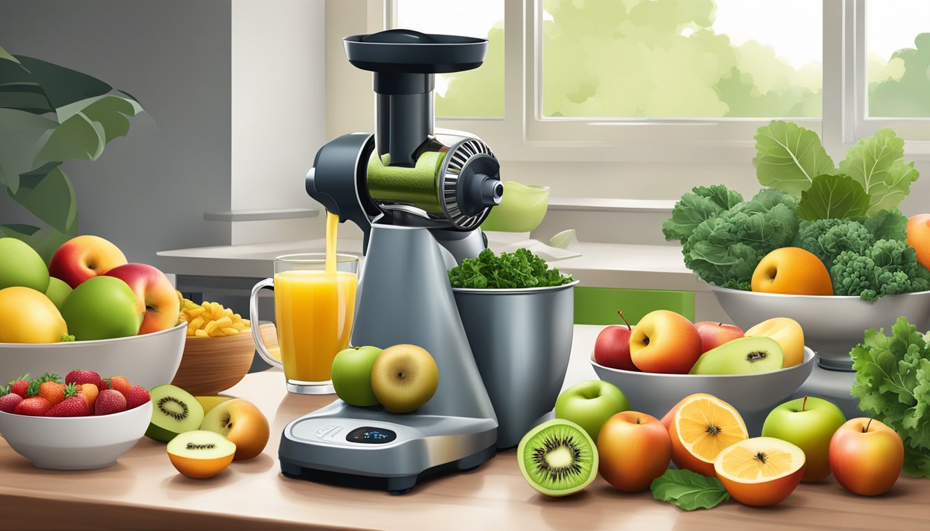 A colorful array of kiwis, apples, and kale arranged next to an Omega juicer, with various breakfast dishes in the background