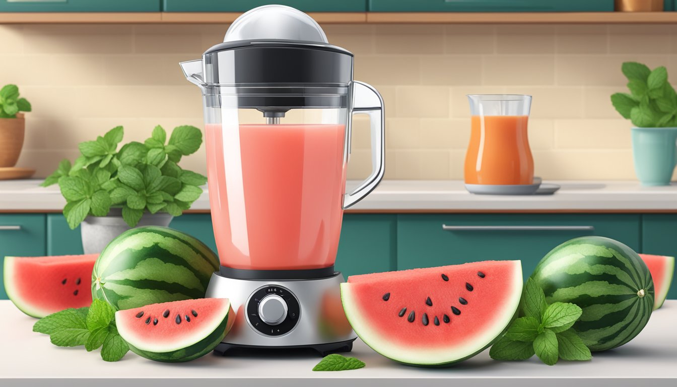 A glass of watermelon mint cooler surrounded by fresh watermelon, mint leaves, and an omega juicer on a kitchen counter