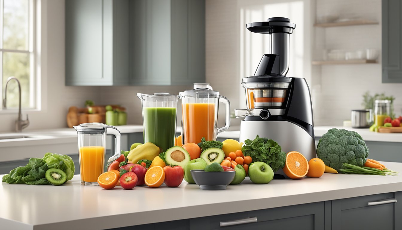 A colorful array of fresh fruits and vegetables, along with a sleek Omega juicer, sits on a kitchen counter. Ingredients are being juiced and poured into various glasses