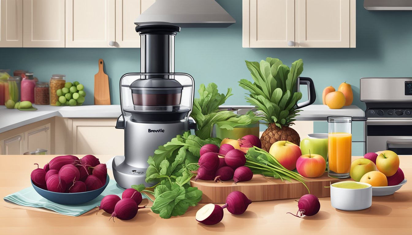 A kitchen counter with a Breville Juice Fountain Cold Plus, surrounded by fresh beetroot, apples, and other breakfast ingredients