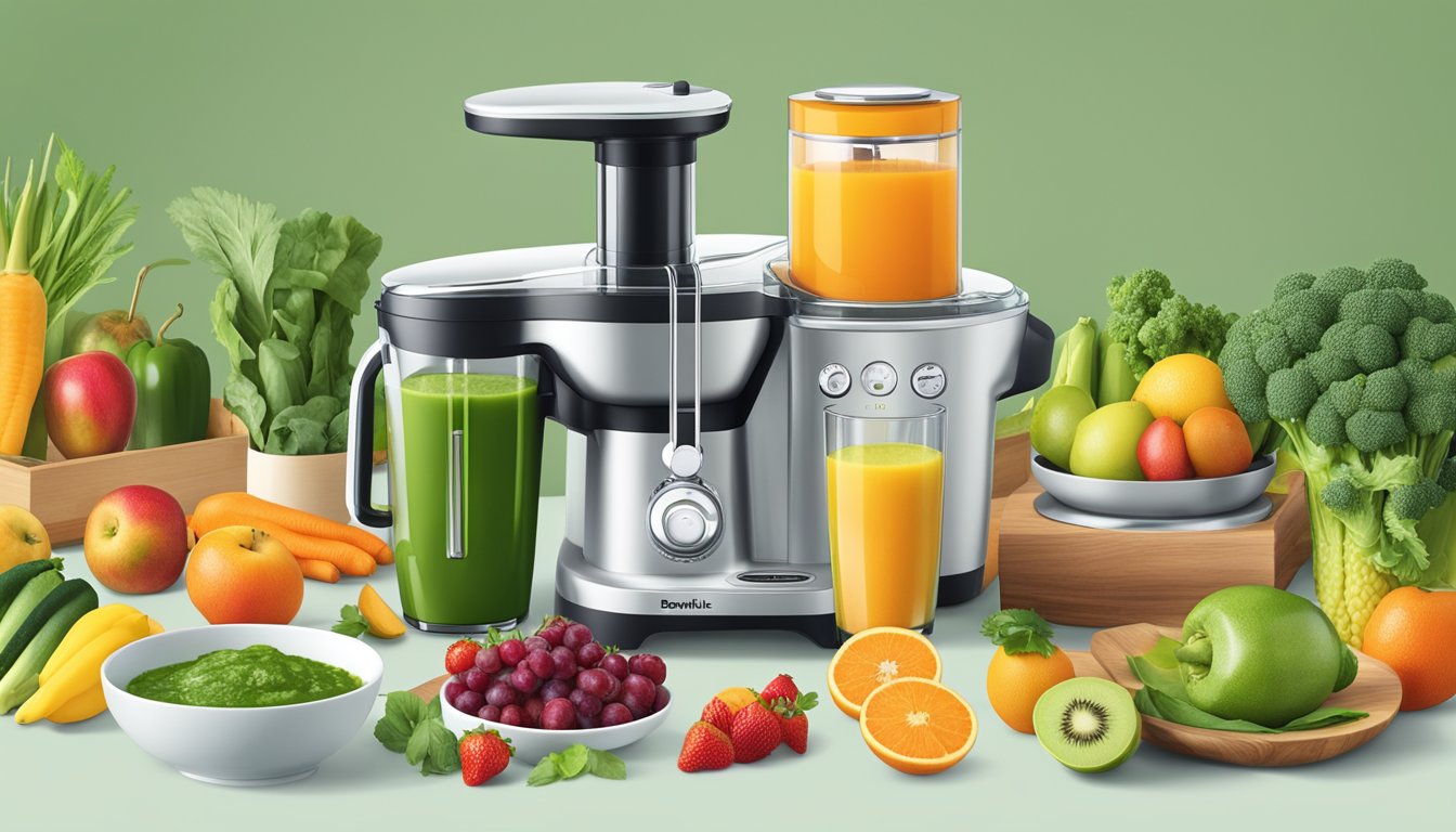 A table with a Breville Juice Fountain Cold Plus, surrounded by fresh fruits and vegetables, with a glass of green detox juice and a recipe book open to "10 breakfast recipes."