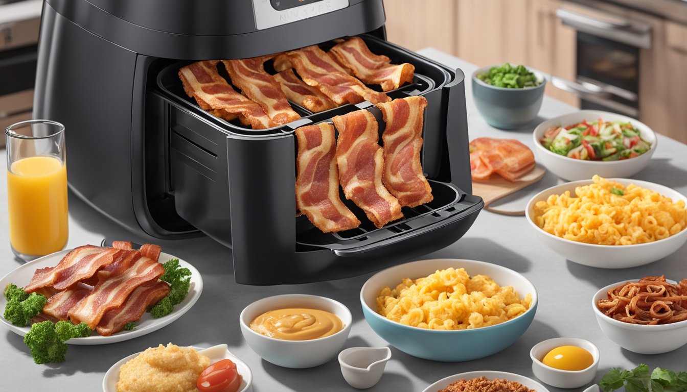 A sizzling bacon strip curls in the air fryer, surrounded by various breakfast ingredients and the nuwave brio air fryer