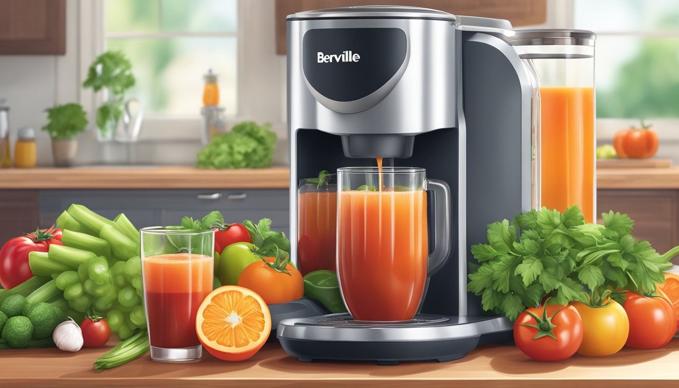 A glass of spicy tomato juice surrounded by fresh vegetables and fruits, with a Breville Juice Fountain Cold Plus in the background