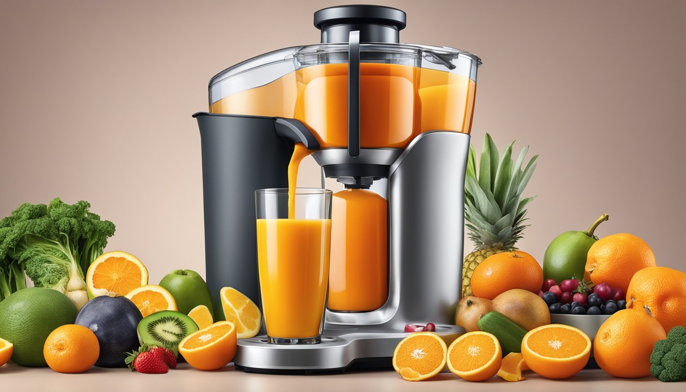 A vibrant orange turmeric elixir being poured from the Breville Juice Fountain Cold Plus into a tall glass, surrounded by fresh fruits and vegetables