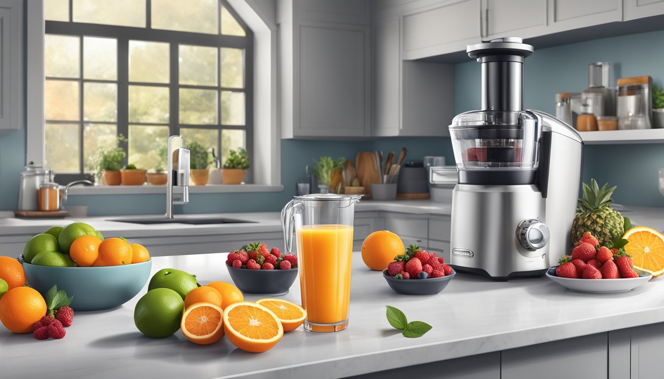 A kitchen counter with a Breville Juice Fountain Cold Plus surrounded by fresh berries, oranges, and other citrus fruits, alongside recipe books and ingredients