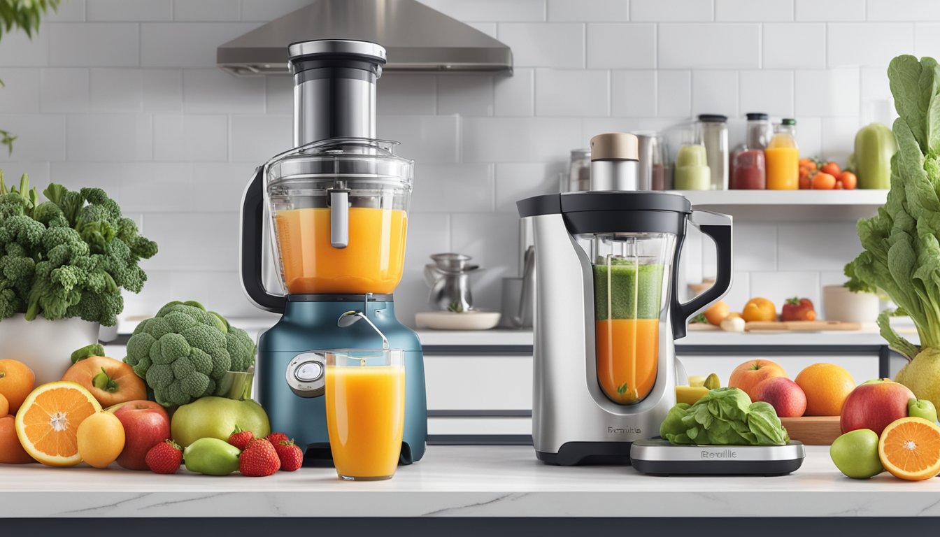 A kitchen counter with a Breville Juice Fountain Cold Plus surrounded by various fruits and vegetables, alongside a recipe book open to breakfast recipes