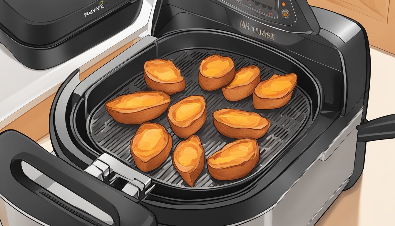 A plate of sweet potato breakfast skins being cooked in a NuWave Brio air fryer