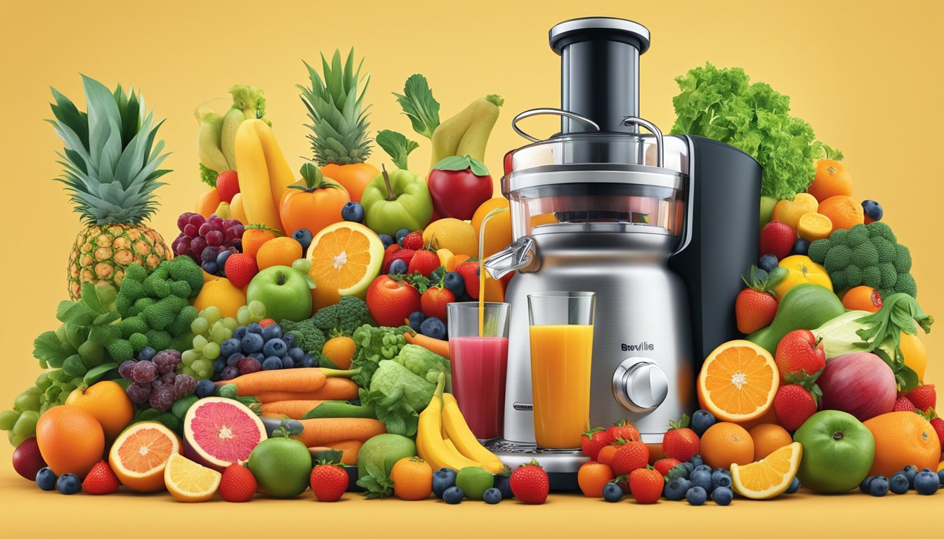 A colorful array of fresh fruits and vegetables arranged around a sleek Breville Juice Fountain Cold Plus, with various breakfast ingredients scattered around