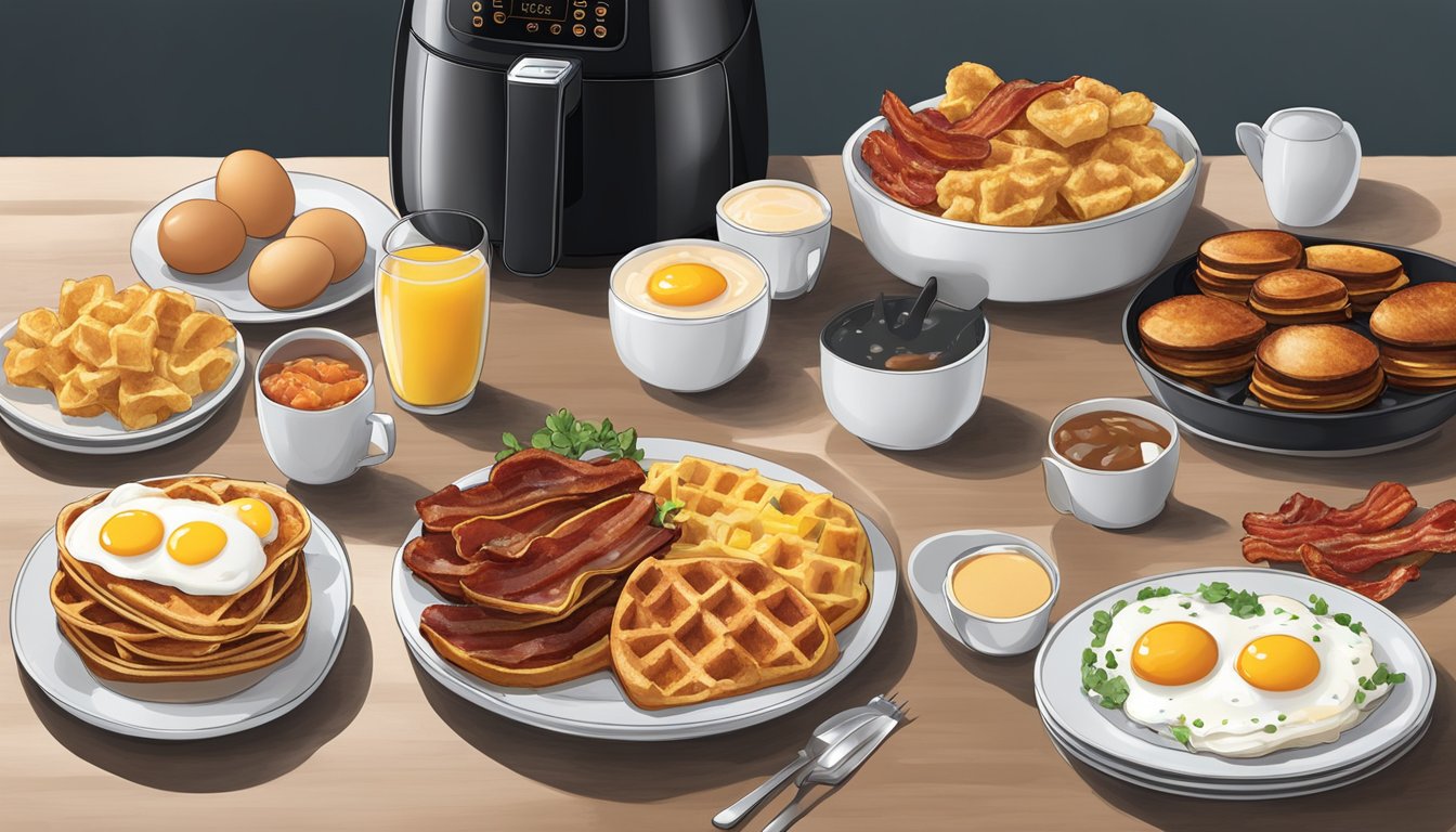 A breakfast spread featuring a variety of dishes cooked in the Nuwave Brio Air Fryer, including crispy bacon, golden brown waffles, and perfectly cooked eggs