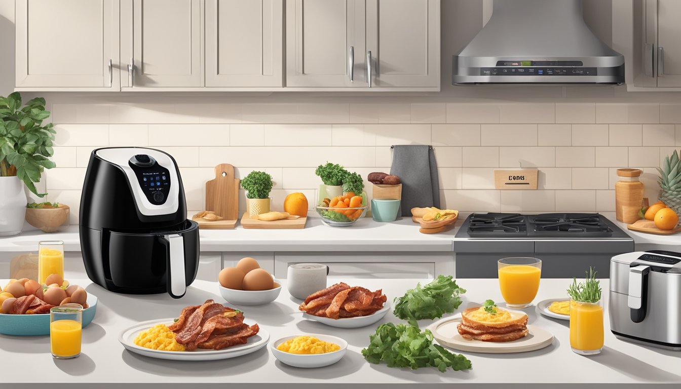 A kitchen counter with a Nuwave Brio Air Fryer surrounded by ingredients for breakfast recipes like eggs, bacon, and fruits