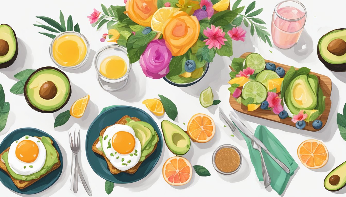 A table set with 15 plates of avocado toast topped with poached eggs, surrounded by colorful fruit and floral arrangements for a bachelorette party brunch