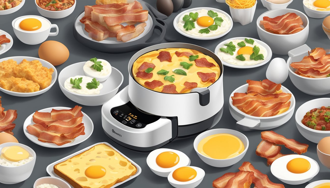 A table with 10 Cheesy Bacon Egg Cups surrounded by an Instant Vortex Plus Air Fryer, eggs, bacon, cheese, and various breakfast ingredients