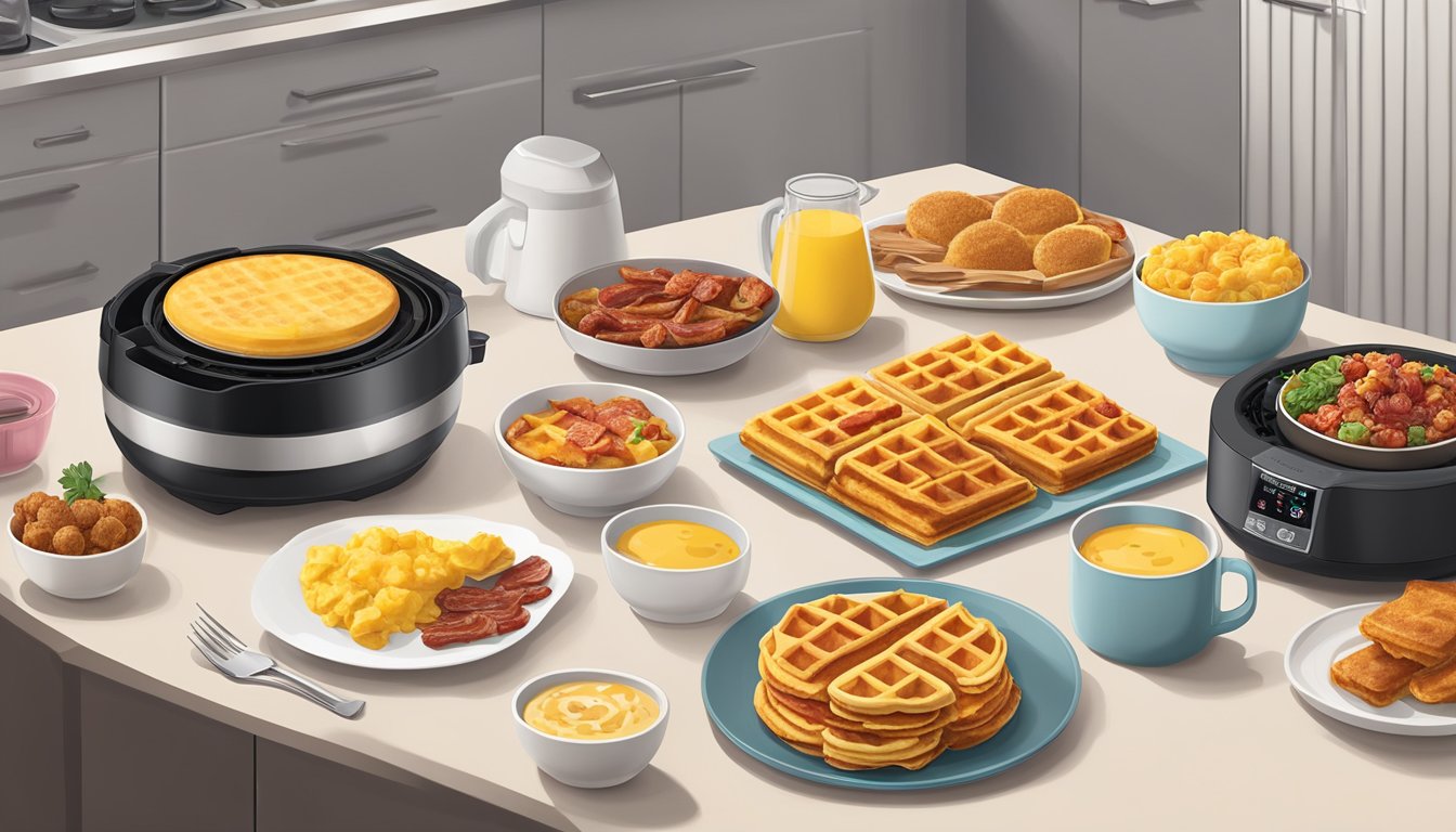 A table set with a variety of breakfast foods, including crispy bacon, golden waffles, and fluffy omelets, all cooked using the Instant Vortex Plus Air Fryer