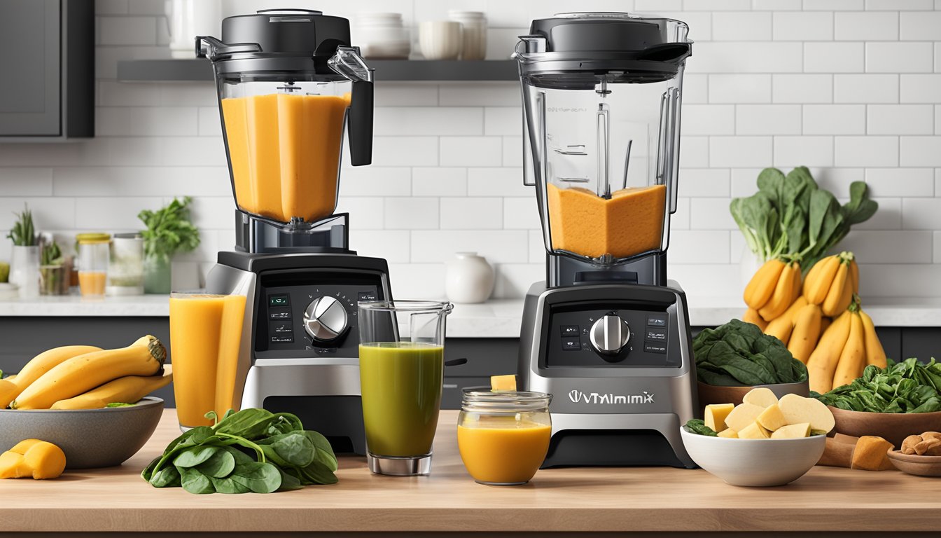 A steaming bowl of butternut squash soup sits next to a Vitamix A3500 Ascent Series blender surrounded by fresh ingredients like spinach, bananas, and berries