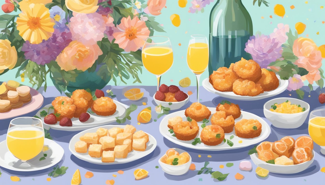 A colorful brunch spread with shrimp and grits bites, pastries, and mimosas on a table decorated with flowers and confetti