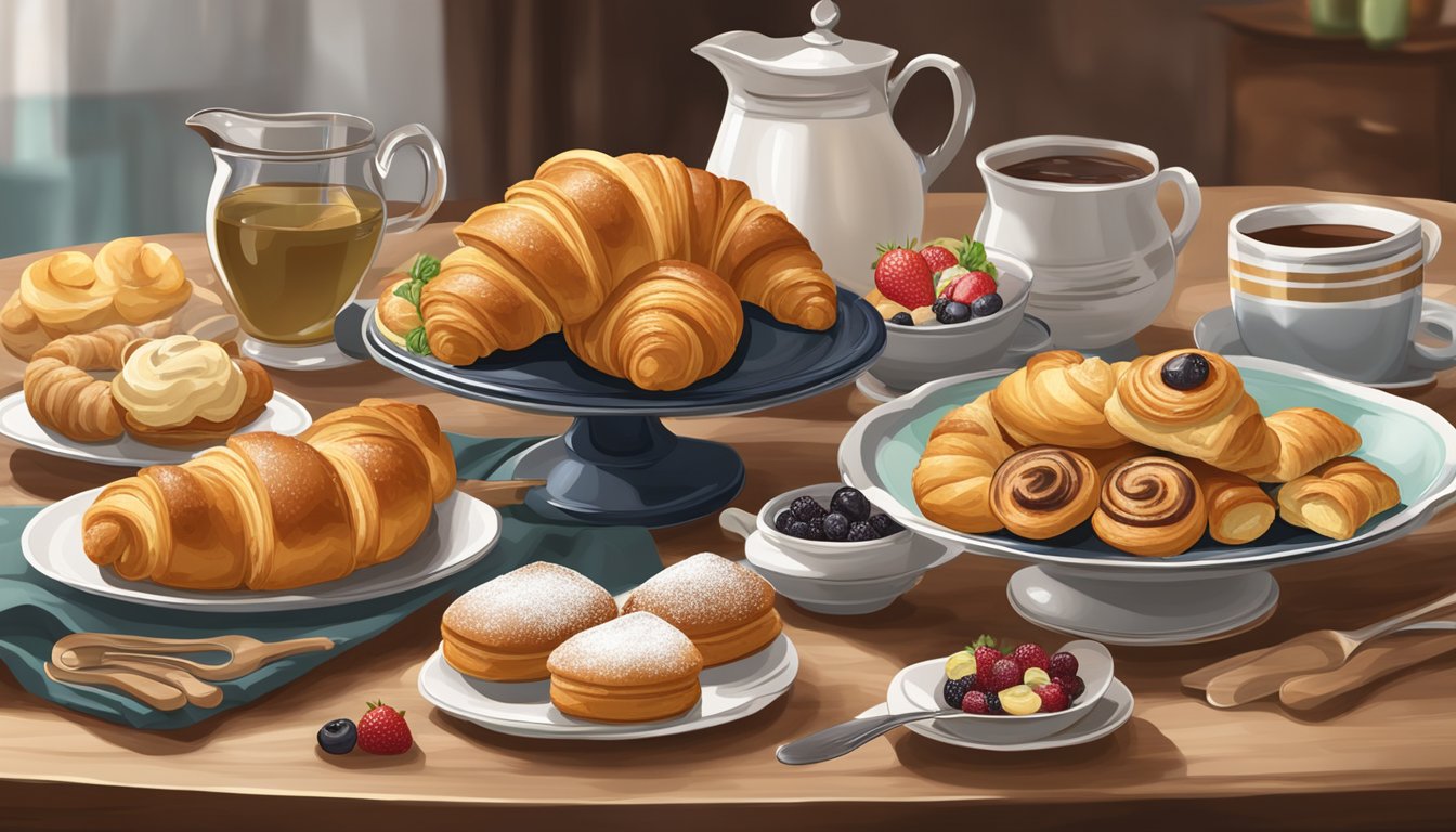 A platter of assorted pastries, including croissants, displayed on a table alongside 15 breakfast recipes