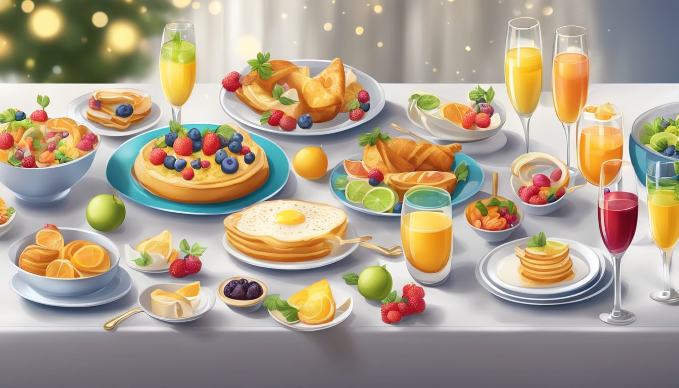 A table set with an array of colorful and delicious breakfast dishes, surrounded by festive decorations and sparkling champagne glasses