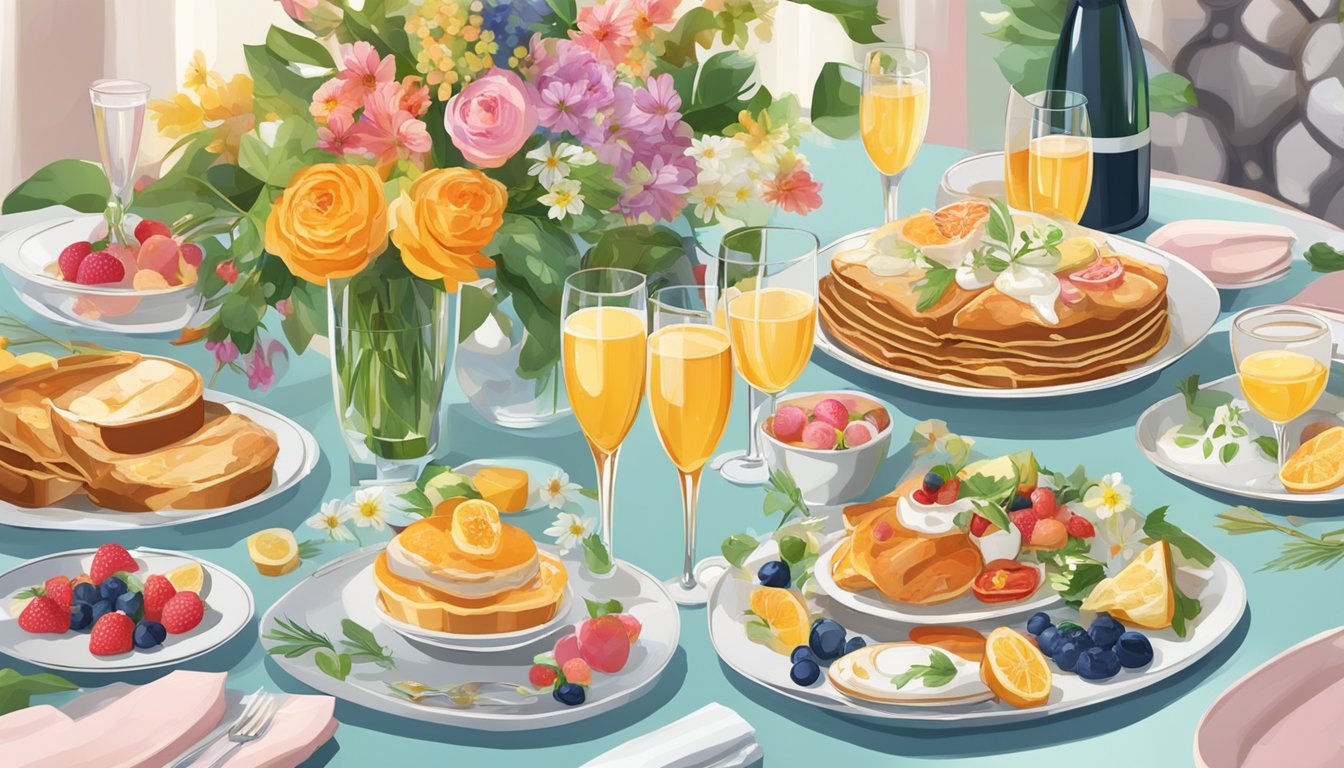 A colorful spread of brunch dishes arranged on a table, surrounded by champagne flutes and decorative flowers