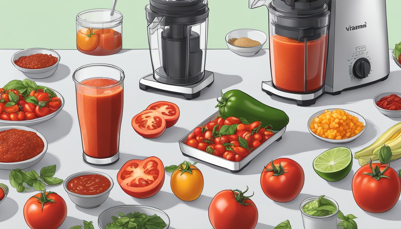 A vibrant red salsa being blended in a sleek Vitamix A3500 Ascent Series blender surrounded by fresh tomatoes, spicy peppers, and other breakfast ingredients