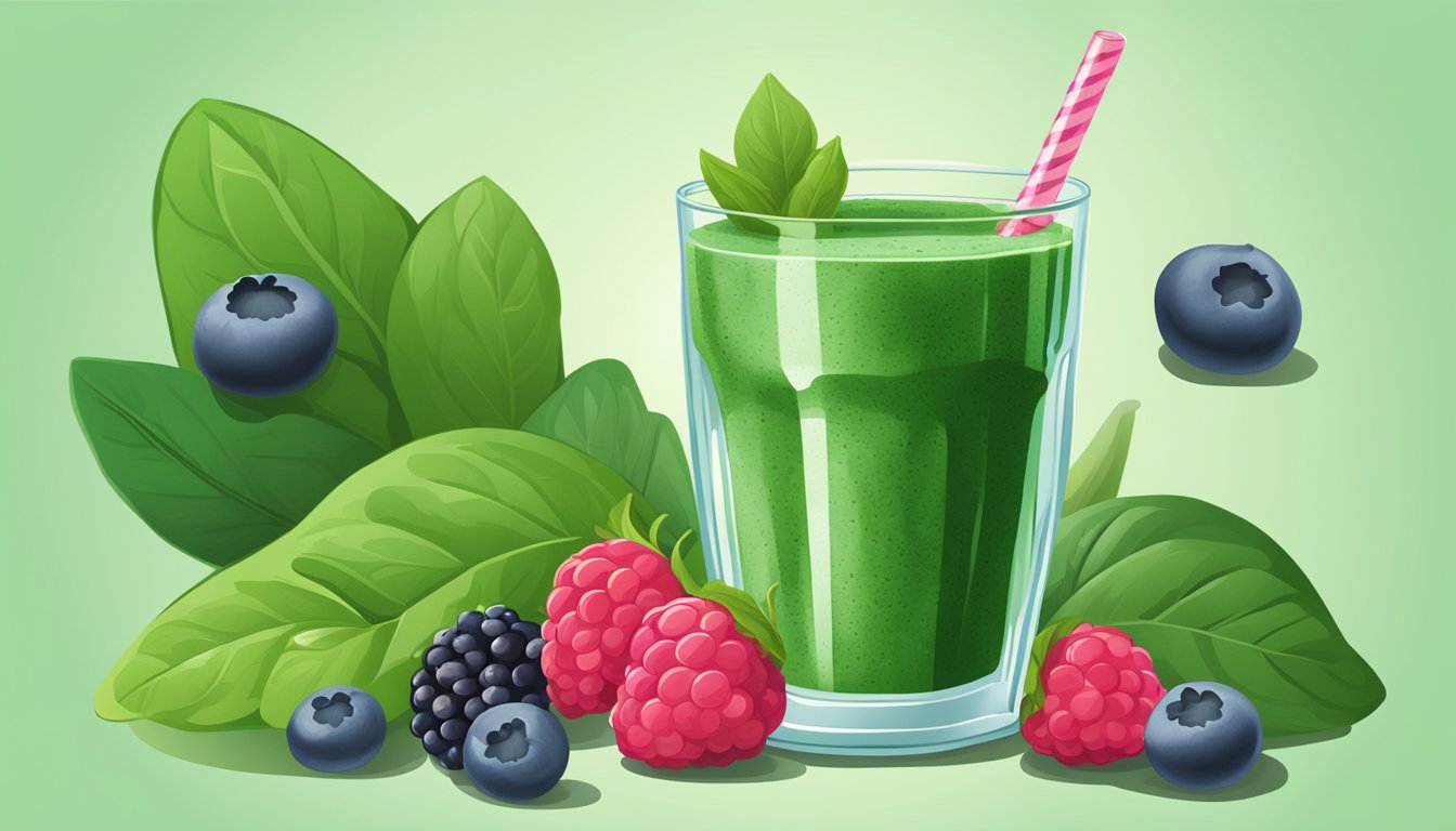 A glass filled with a vibrant green spinach and berry smoothie surrounded by fresh berries and spinach leaves