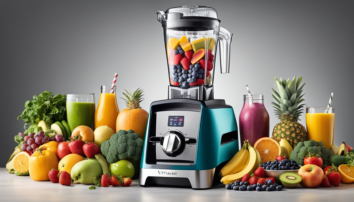 A colorful array of fresh fruits, vegetables, and grains scattered around the sleek Vitamix A3500 Ascent Series Blender, ready to be blended into delicious breakfast smoothies and bowls