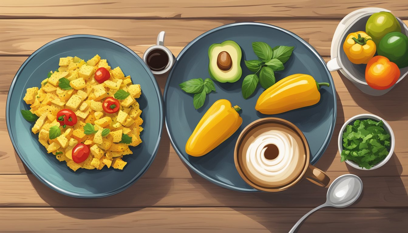 A colorful plate of tofu scramble with bell peppers, accompanied by a side of fresh fruit and a steaming cup of coffee on a rustic wooden table